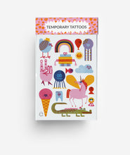 Laden Sie das Bild in den Galerie-Viewer, modern Creatures Temporary Tattoos showing unicorn, ice cream and fun characters