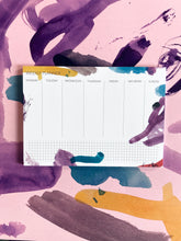Laden Sie das Bild in den Galerie-Viewer, colorful weekly planner with brush pen pattern with abstract pattern gift wrap at the background