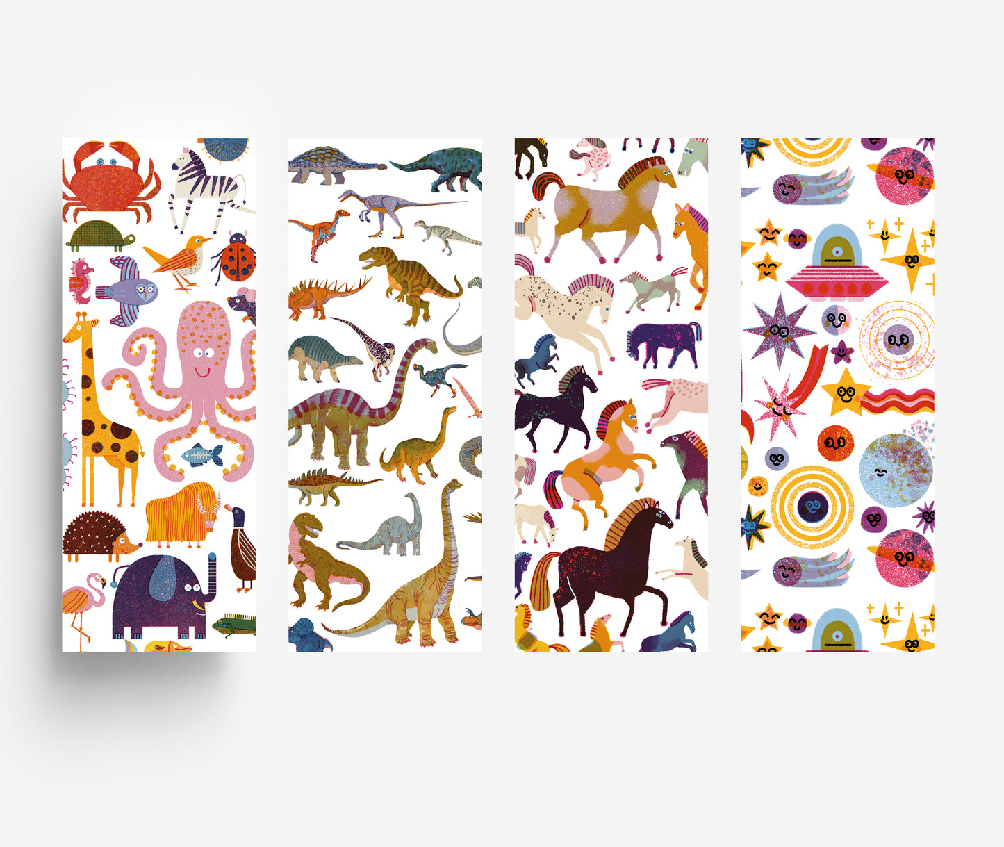BOOKMARK SET Including 4 bookmarks 1x Horse 1x Dinosaurs 1x Space 1x Animals