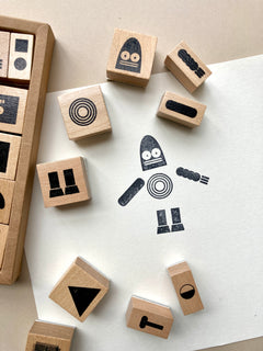 wood-backed robot stamp set