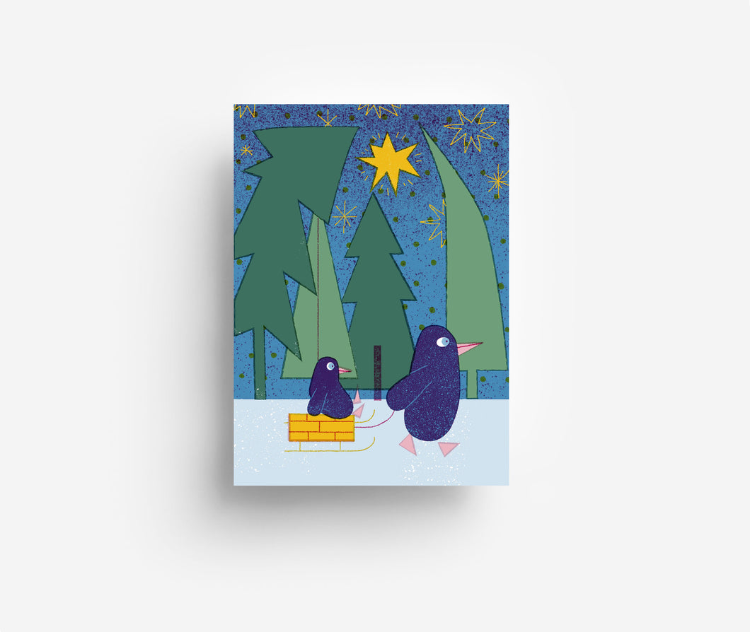 Pinguin Schlitten Postkarte DIN A6