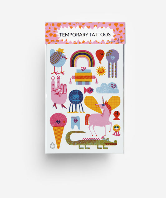 modern Creatures Temporary Tattoos showing unicorn, ice cream and fun characters