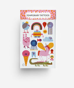 modern Creatures Temporary Tattoos showing unicorn, ice cream and fun characters