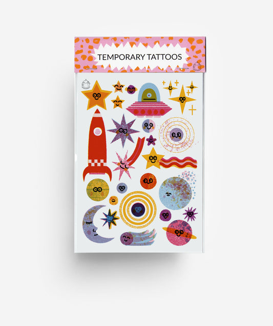 modern Space Temporary Tattoos, showing cute space related characters and planets