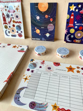 Load image into Gallery viewer, modern space related characters and planets, showing Temporary Tattoos, washi tape, postcards and notepad