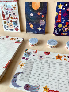 modern space related characters and planets, showing Temporary Tattoos, washi tape, postcards and notepad