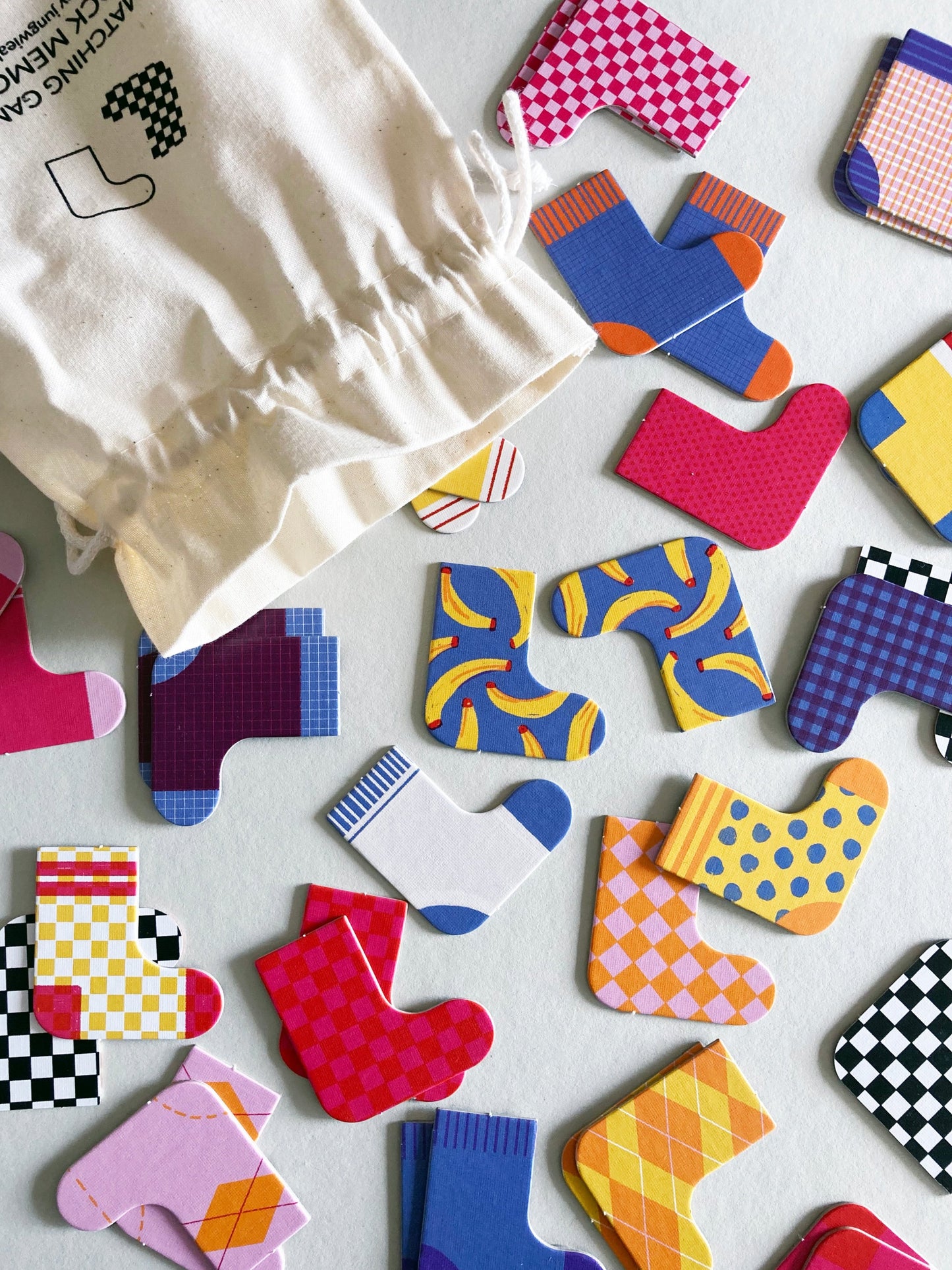 sock shaped matching game memo with screen printed cotton bag