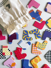 Load image into Gallery viewer, sock shaped matching game memo with screen printed cotton bag