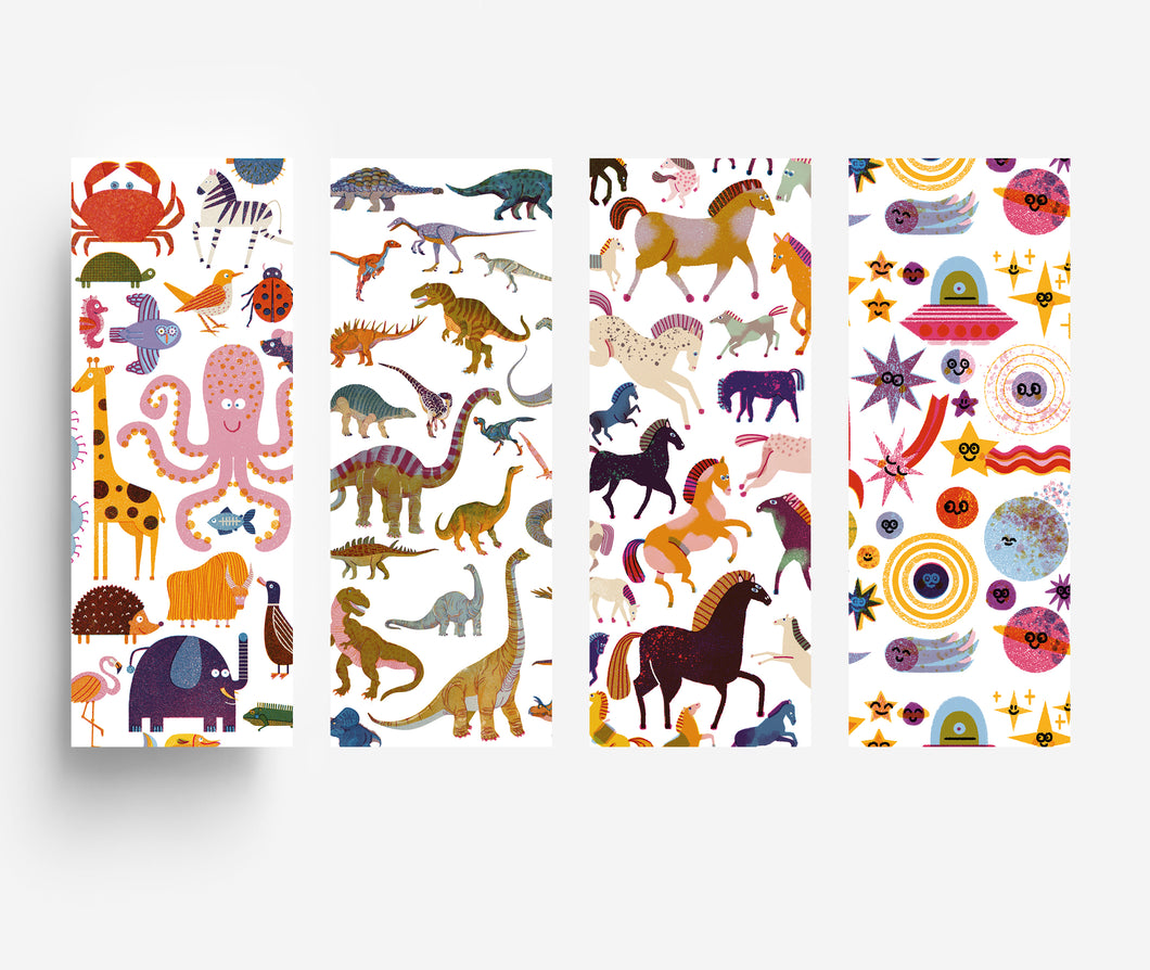BOOKMARK SET  Including 4 bookmarks  1x Horse 1x Dinosaurs 1x Space 1x Animals