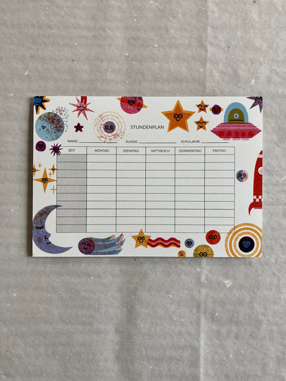 detail of modern and cute timetable showing space related characters and planets jungwiealt