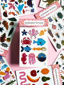 modern Temporary Tattoos showing cute fish, bugs, fruits and woodland animals