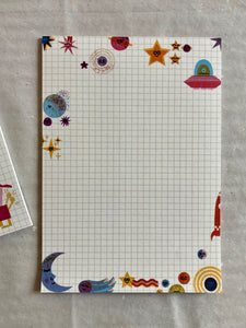 detail of Space Notepad with cute planets and outer space characters jungwiealt