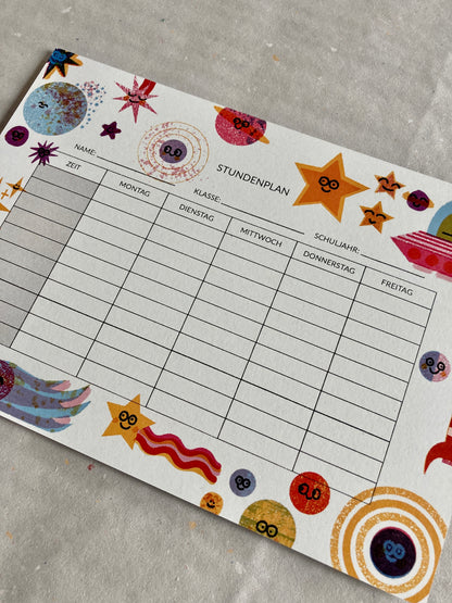 detail of modern and cute timetable showing space related characters and planets jungwiealt